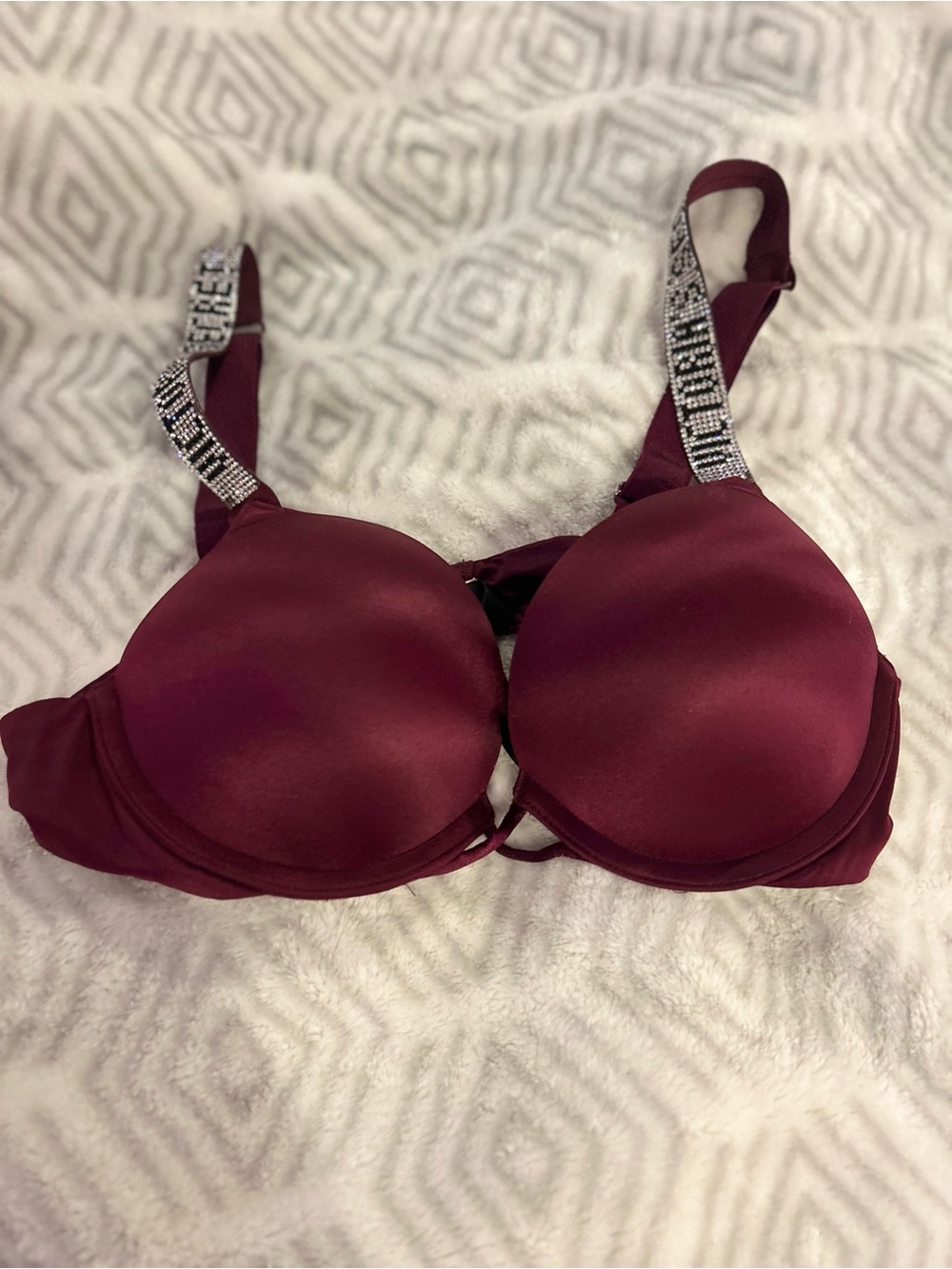 Victoria's Secret Burgundy Satin Push-Up Bra with Embellished Straps
